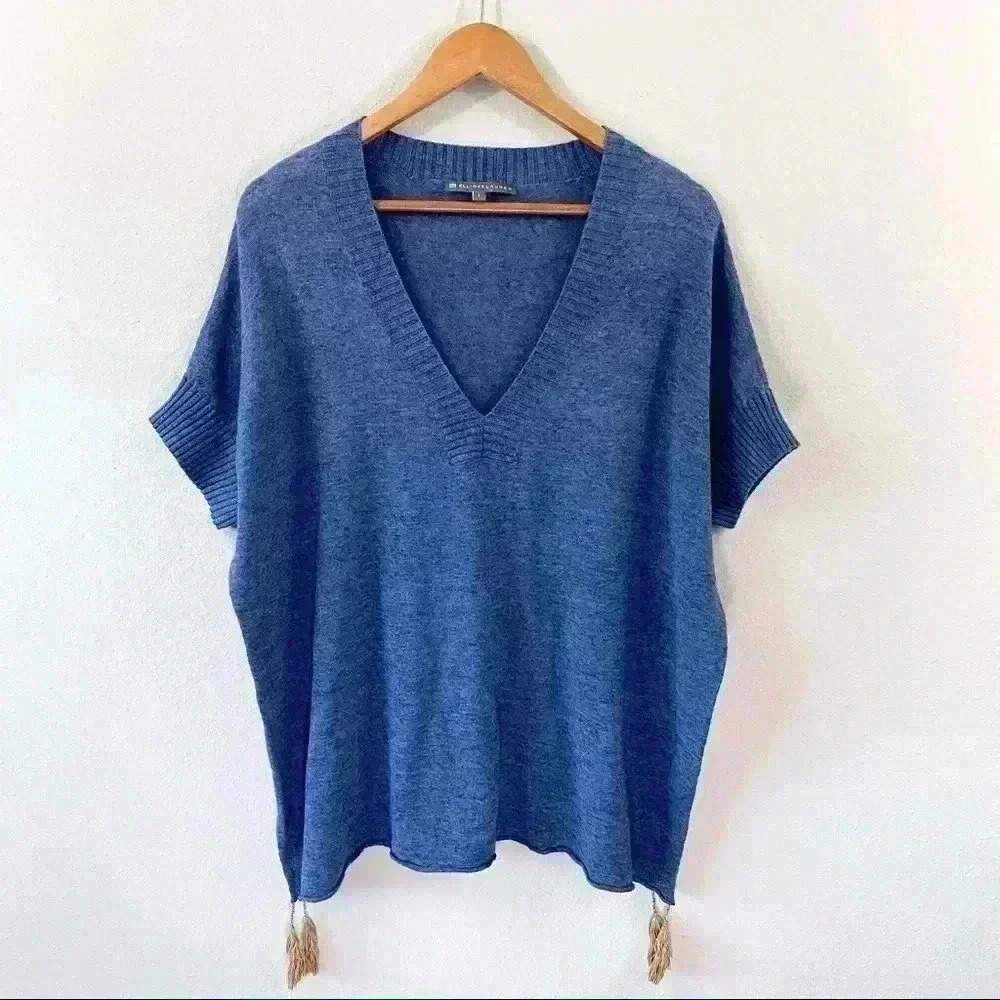 Elliott Lauren Blue Poncho Lightweight Sweater With Tassels